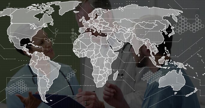 Reviewing three medics wearing scrubs and lab coats at ward, analyzing blue clipboard and world map - Powered by Adobe