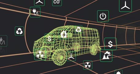 Displaying neon-green wireframe van moving in dark grid tunnel, showing floating green icon tiles