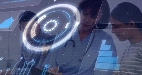 Writing clinician in light-blue scrubs with stethoscope leaning over tablet in clinic, HUD overlays