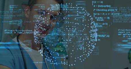 Smiling clinician in blue scrubs with stethoscope observing clinic corridor, glowing globe overlays