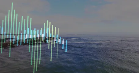 Fotobehang Zee & Oceaan Hovering translucent vertical bars floating over open sea near rocky outcrop, showing sea texture  © vectorfusionart