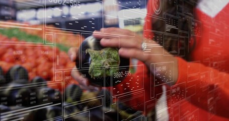 Holding woman's hands inspecting dark green artichoke in grocery aisle with tomatoes AR HUD red top