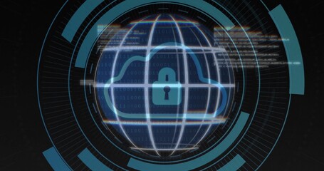 Displaying central wireframe globe with cloud and padlock on cyber HUD rings, binary code