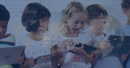 Holding tablets kids wearing summer-shirts in class pointing at phone showing dotted-map and globe