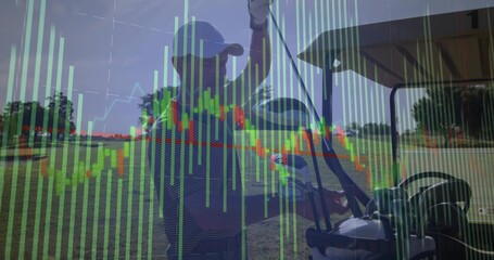 Reaching golfer lifting club from bag on fairway, wearing striped polo, golf cart and market charts