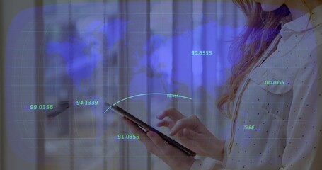 Tapping woman wearing dotted blouse holding dark tablet in office, blue HUD and blinds, copy space