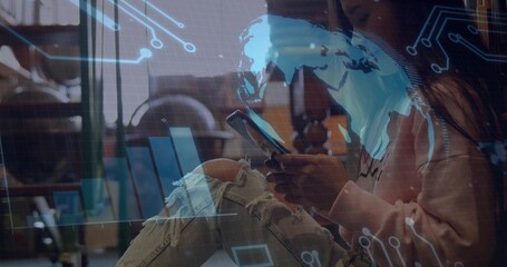 Scrolling woman in light hoodie, ripped jeans at cafe, viewing data overlays on phone, copy space