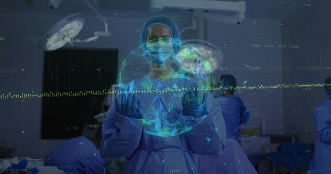 Gesturing masked gloved surgeon in gown cap interacting with holographic globe and ECG trace in OR - Powered by Adobe