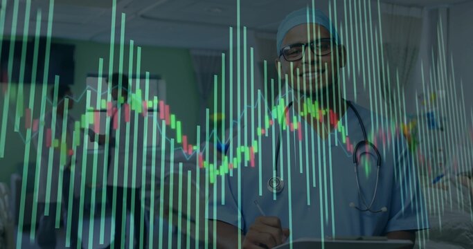 Standing clinician in scrubs, cap and stethoscope, holding tablet and pen in ward, chart overlay
