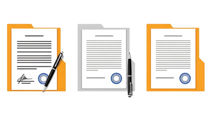 File folder with white leaf and sticky notes. Document case, paper case, notebook. Folder with documents. Documents with stamp and text. Contract papers.