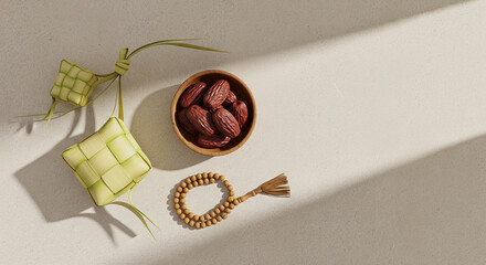 Minimalist Ramadan and Eid al-Fitr Background with Ketupat, Dates, and Prayer Beads on Beige Stone Texture.