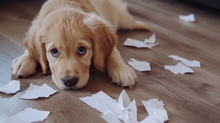 a charming golden retriever puppy amidst a flurry of torn paper, capturing the essence of youthful mischief and endearing vulnerability