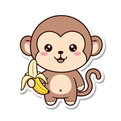 Obraz premium Cute Cartoon Monkey Holding a Banana Sticker Illustration.