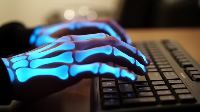 Glowing skeleton hands typing on keyboard.