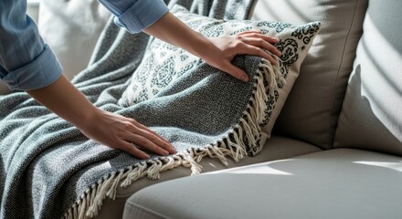 Person arranging a decorative pillow on a couch with a throw blanket in a bright room.