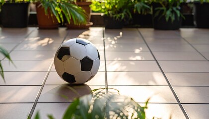 Soccer ball on a tiled patio floor illuminated by golden hour sunlight and plant shadows
