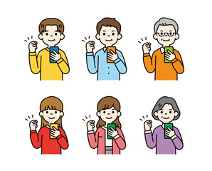 スマホを持ってガッツポーズをする、様々な年齢の人々のベクターイラスト素材セット＿カラー