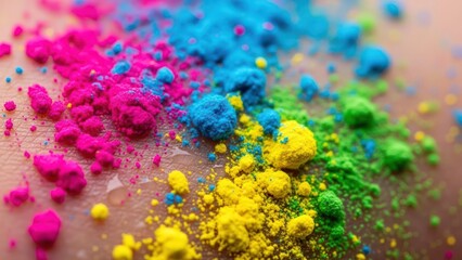 Vibrant powder colors in pink, blue, yellow, and green scattered on a surface with a shallow depth