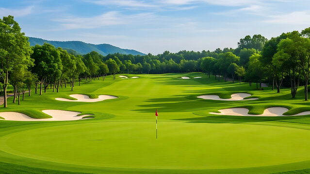 Golf course landscape, lush green fairway, sand bunkers, mature trees, rolling hills, clear blue sky, serene atmosphere, manicured grass, summer day, golf hole view, panoramic scene