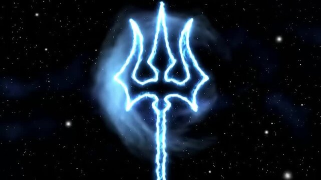 Glowing trident in space nebula.