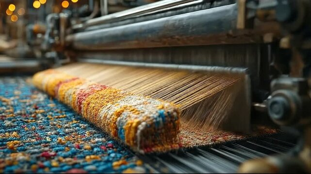 Colorful textile weaving process in a workshop setting
