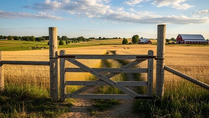 Rustic wooden gate in countryside landscape.