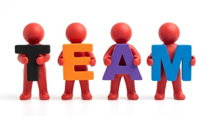 Team Collaboration Concept with Red Figures Holding Colorful Letters, Graphic Illustration, Studio Setting, Frontal View, Unity and Cooperation