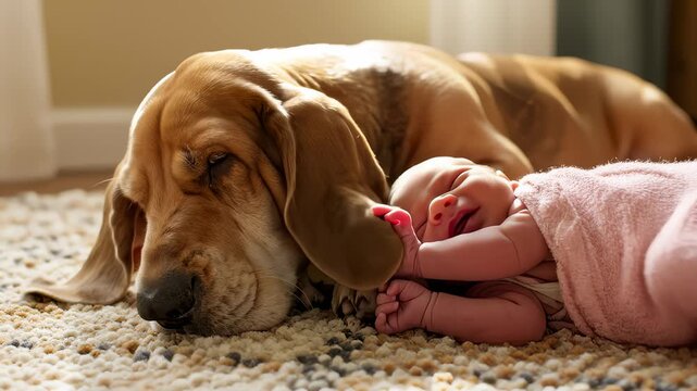 Baby and Dog Sleeping Together on Rug, Calm and Peaceful Scene