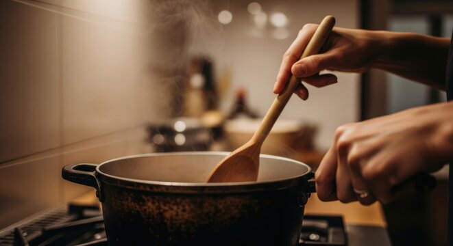 Close-up of hands stirring food in a pot on a stovetop in a kitchen with warm tones.