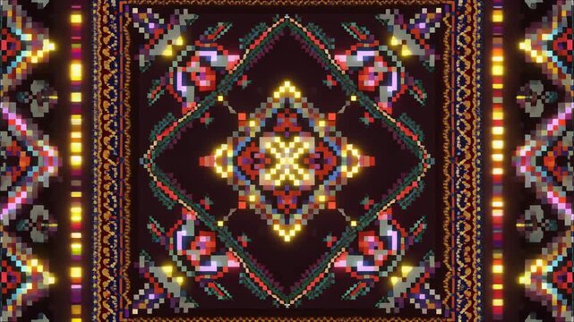 Vibrant digital tapestry featuring intricate glowing pixel patterns. Abstract geometric design reminiscent of traditional ethnic textiles, showcasing rich reds, golds, and deep earth tones