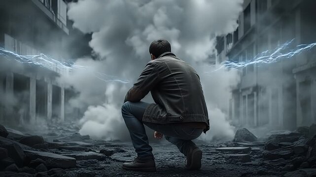 Mysterious Man Surrounded by Electric Storm in Urban Setting.