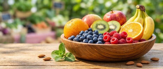 Fresh Mixed Fruit Bowl Display on Wooden Table with Natural Outdoor Background, Close-Up Photography, Healthy Lifestyle Concept