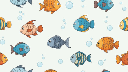 Cartoon fish seamless pattern, colorful aquatic background for kids and decoration