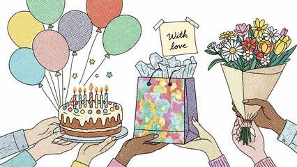 Celebration with Balloons, Birthday Cake, Gift Bag and Flowers with Loving Wishes