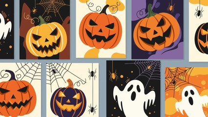 Collection of Halloween themed illustrations featuring pumpkins, ghosts and spider webs