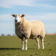 Obraz premium A fluffy sheep standing in a green grassy field under a bright blue sky with scattered clouds