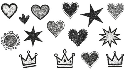 Collection of sketched elements like hearts, stars, sun and crowns on white background