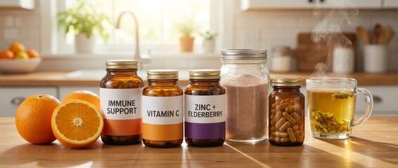 Dietary Supplements, Kitchen Setting, Lifestyle Image, Natural Environment, Close-Up View, Wellness Concept