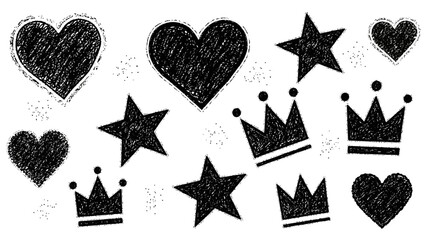 Doodle Sketch Collection of Hearts, Stars and Crowns, Royalty and Love Concept