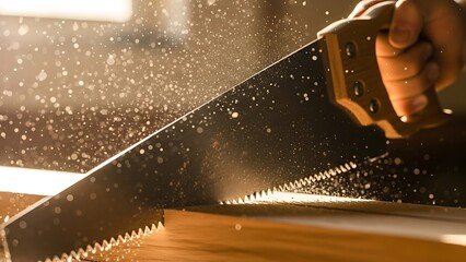 Hand saw cutting a piece of wood, illuminated by golden light dust