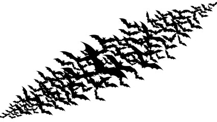 Eerie flight: Swarm of bats silhouette against a stark white background