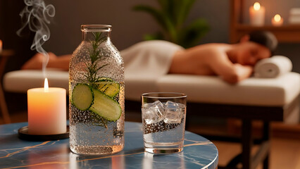 Relaxing spa setting with cucumber water and candlelight ambiance  