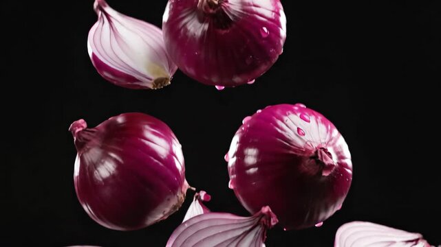 Red onions some halved float against a black background with visible water droplets