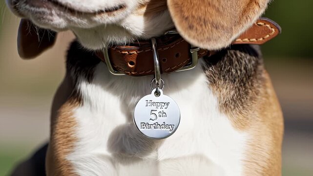 Cute Beagle Showing Off Happy 5th Birthday Collar Tag in Garden