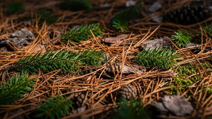 Close-up of green pine needles and brown pine cones on forest floor with fallen leaves and branches.
