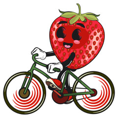 cute strawberry cartoon mascot character enjoy riding a bike smiling vector illustration, work of hand drawn