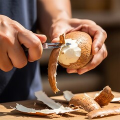 Portobello mushroom being peeled with a vegetable peeler on a wooden board