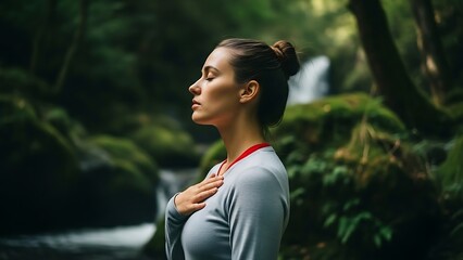 Woman meditating peacefully in a lush green forest with a waterfall in the background