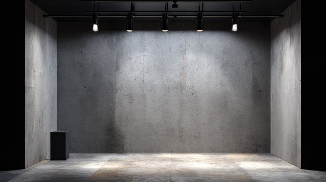 Minimalist exhibition space with concrete walls and track lighting.