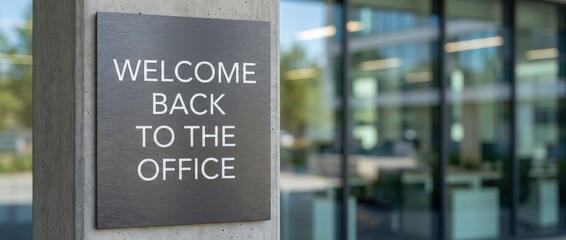Welcome back to the office sign, modern workplace entrance, business environment, glass facade, daylight, close-up view, professional return concept